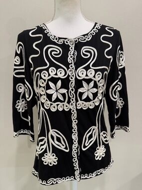Pink Collection Cardigan Sweater Size PS Black White soutache Embroidery Button